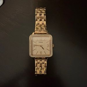 Fossil rose gold square face and crystal analog women’s watch